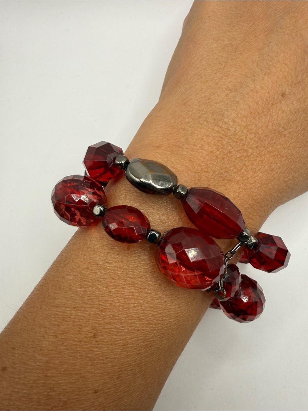 Vintage Silver Tone Red Burgundy Beaded Set of Two Bangles Bracelets